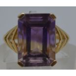 Ametrine dress ring in a rectangular raised mount design, stamped 10k 417 and with 375 Birmingham
