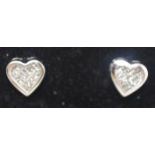 Pair of modern 9ct white gold heart shaped, princess cut diamond stud earrings, hallmarked to