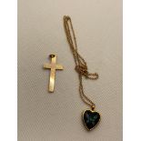 9ct yellow gold cross pendant together with 9ct gold heart shaped butterfly pendant with 9ct chain