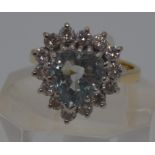 Ladies 18ct yellow gold ring with large central heart shaped central blue stone approx 0.2ct