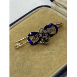 Edwardian diamond and blue enamel gold pin brooch, with box, tested as 14ct gold, AF - signs of