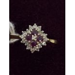 18ct yellow gold ruby/garnet and diamond cluster ring, approx size R/S