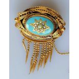 A Victorian yellow metal, turquoise and seed pearl brooch with tassels, unmarked, 6 x 4 cm, 16.4g