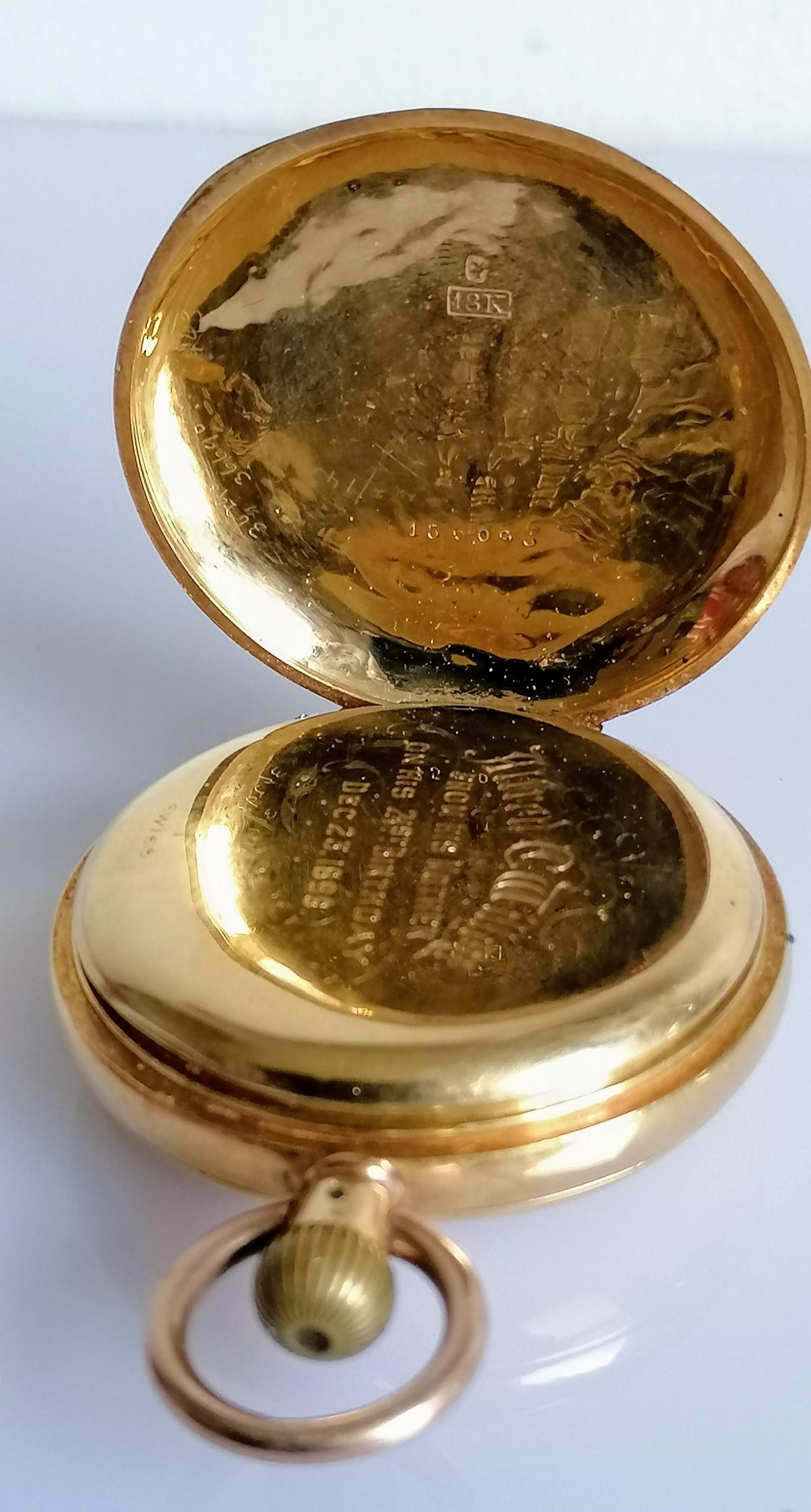 An 18ct gold cased half hunter pocket watch, stem wind, outer and inner Roman numerals, subsidiary - Image 4 of 5