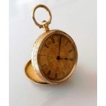 A fin de siècle key-wind gold fob watch with embossed decoration, Roman numerals, dial 35mm, brass