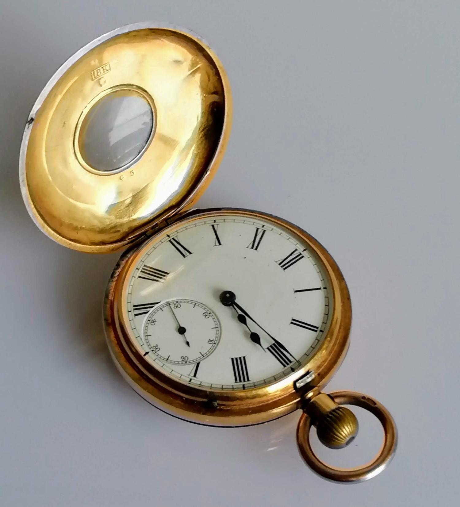 An 18ct gold cased half hunter pocket watch, stem wind, outer and inner Roman numerals, subsidiary - Image 2 of 5