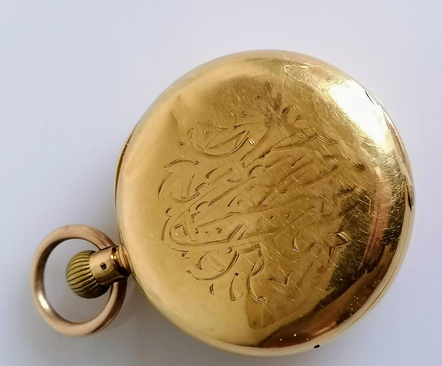 An 18ct gold cased half hunter pocket watch, stem wind, outer and inner Roman numerals, subsidiary - Image 5 of 5