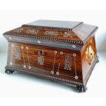 A Regency rosewood sarcophagus tea caddy converted to a jewellery box with mother of pearl inlay