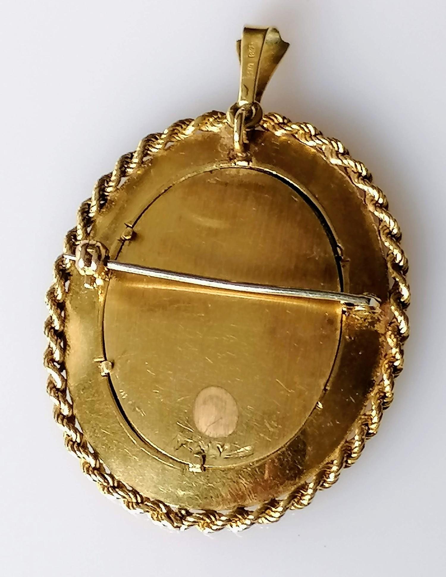 An Italian 18ct yellow gold-framed oval miniature portrait of a lady, indistinctly signed, stamped - Image 2 of 3