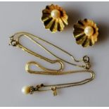 A pair of mid-century gold shell clip-on earrings with pearl decoration and a chain with two small