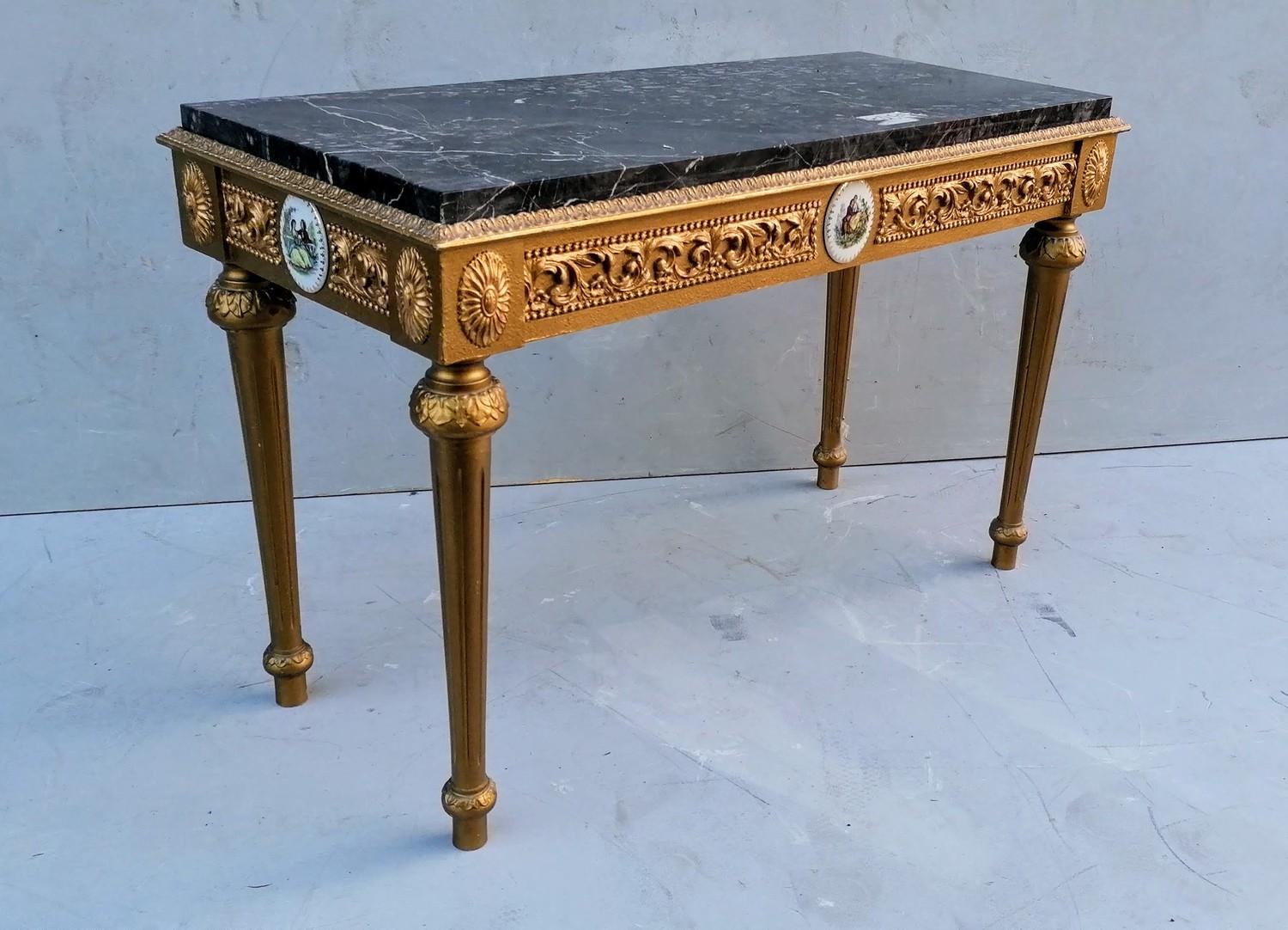 A Louis XV-style side or centre table with veined marble oblong top, gilt frieze with scroll