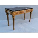 A Louis XV-style side or centre table with veined marble oblong top, gilt frieze with scroll