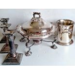 A Victorian silver plated food warmer with burner, crested, 27 cm diameter, a wine cooler, 15.5 cm