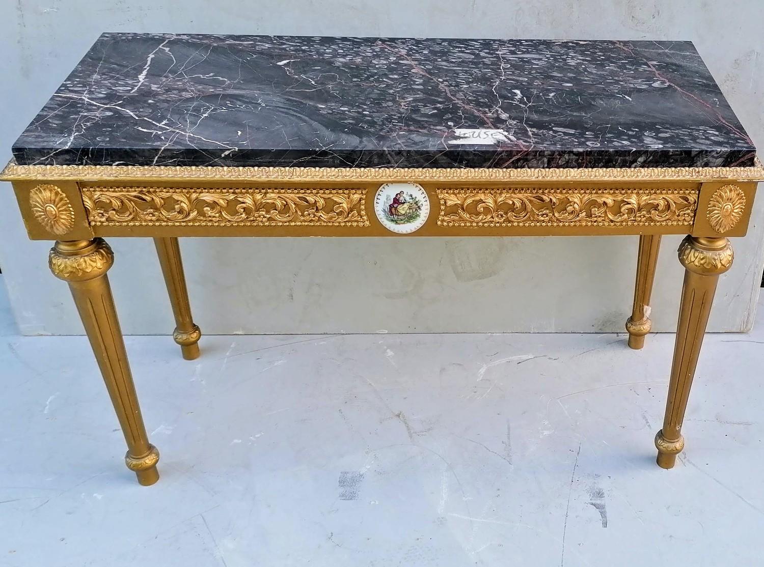 A Louis XV-style side or centre table with veined marble oblong top, gilt frieze with scroll - Image 2 of 2