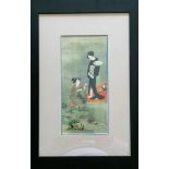 Three framed Japanese prints with poems attached verso, each 47 x 30 cm and one other, possibly by