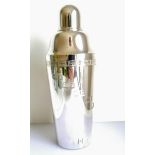 An Art Deco silver plated mechanical menu cocktail shaker with pull-off lid and strainer, 27 cm,