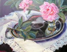 Margaret Ballantyne, (b. 1936, Scottish) SILVER AND PINK, oil on canvas, glass fronted, 60 x 52