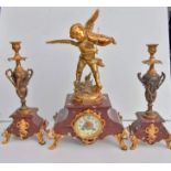 A 19th century French figural and rouge marble mantel clock garniture, dial 8cm diam, Arabic