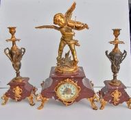 A 19th century French figural and rouge marble mantel clock garniture, dial 8cm diam, Arabic