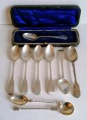 Four George III Irish silver tea spoons by John Power, Dublin, 1813, one by Samuel Neville all
