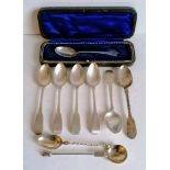 Four George III Irish silver tea spoons by John Power, Dublin, 1813, one by Samuel Neville all