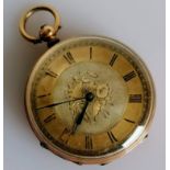 A late 19th century key-wind French fob watch with gold etched case, Roman numerals, dial 38mm,