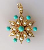 An early 20th century pearl, turquoise and gold pendant, diameter 30mm, unmarked, 8.68g