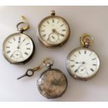 Three English silver-cased pocket watches, one French, all hallmarked, as found (4)