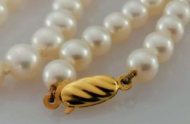 A single row necklet of sixty-three Akoya cultured pearls, measuring 6mm to 6.6mm with a 9ct gold
