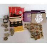 A selection of British George V, VI half-crowns, 1953 five-shilling coins, Churchill 1964 coins,