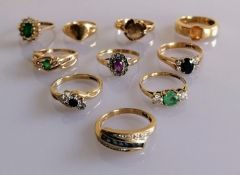 An assortment of ten 9ct gold gem-set rings, mostly mid-century, various sizes, all hallmarked, 21g,