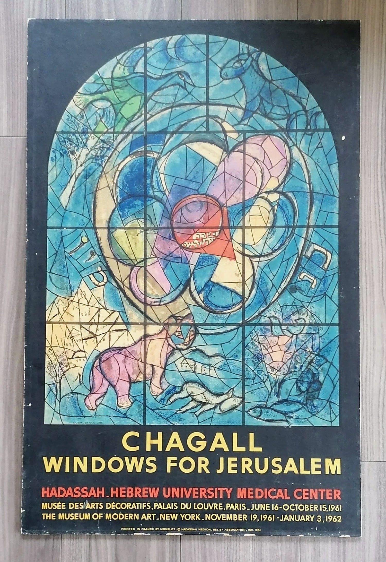 Marc Chagall poster printed by Mourlot for the Hadassa Medical Relief Association, 1961: WINDOWS FOR