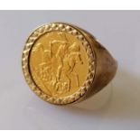 A late Victorian gold full sovereign, 1896, on a 9ct gold mount, hallmarked, size Z, 15.49g