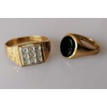 A mid-century gold platform ring with diamond decoration and a gold and onyx ring, both hallmarked