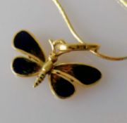 A gold butterfly pendant with bi-colour snake chain, 48 cm, both stamped 585, 5.4g