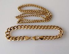 A 9ct yellow gold rollo chain, 52 cm, stamped WHW Ltd., and a 9ct gold flat curb-link bracelet,