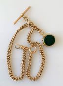 A George V rose gold Albert chain with swivel fob, T-bar and two clasps, 34 cm, each link and clasps