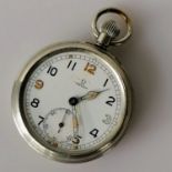 A WW2 military GSTP F025745 nickel chrome Omega stem wind pocket watch, the case, dial and
