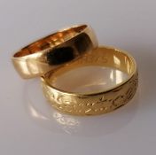A yellow gold wedding band, 5mm, and another with etched decoration, sizes K, M, both hallmarked