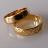 A yellow gold wedding band, 5mm, and another with etched decoration, sizes K, M, both hallmarked