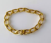 An Italian gold flat curb-link bracelet by Unoaerre with box clasp and safety clip, 20 cm, stamped