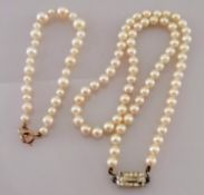 A single row cultured necklet comprising 67 beads, 5.5mm to 6mm, clear colour, pink overtones with