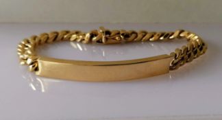 An Italian 18ct yellow gold flat curb-link identity bracelet, 19 cm, stamped 750, 57.5g