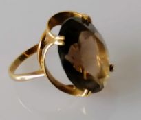 A mid-century 9ct yellow gold set oval faceted citrine dress ring, size O, 6.2g