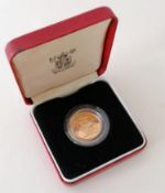A Royal Mint cased proof gold full sovereign, dated 1982