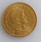 A 10 Guilders (Gulden) Netherlands Wilhelmina gold (.900) coin, 1912, 6.7g