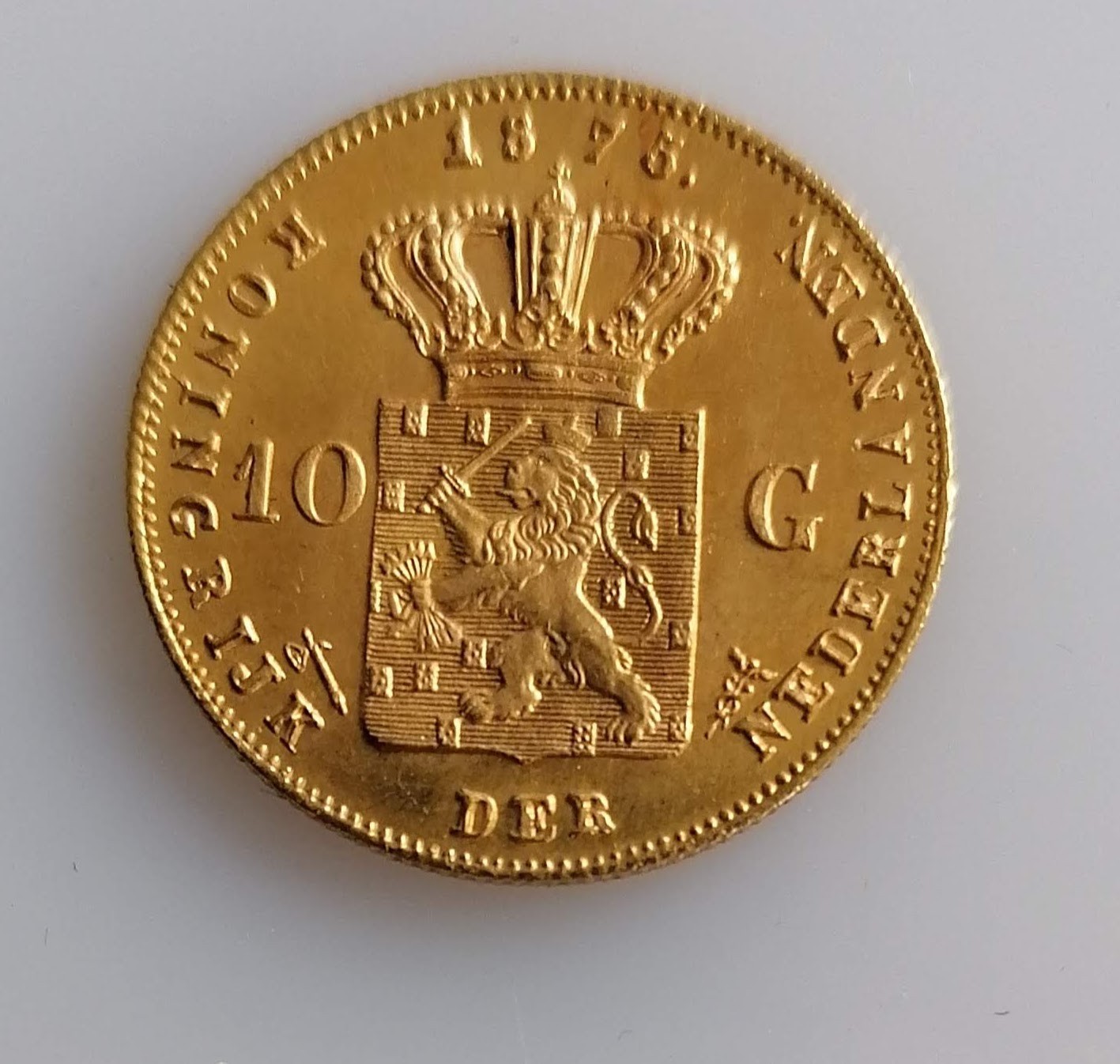 A 10 Guilders (Gulden) Netherlands Willem III gold (.900) coin, 1875, 6.7g