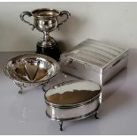 A George V oval silver trinket box with fabric-lined interior on four hoof feet by Sydney & Co.,