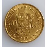 A 10 Guilders (Gulden) Netherlands Wilhelmina gold (.900) coin, 1912, 6.7g
