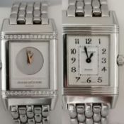 A ladies Jaeger-LeCoultre stainless steel Reverso Duetto bracelet watch with diamond set case